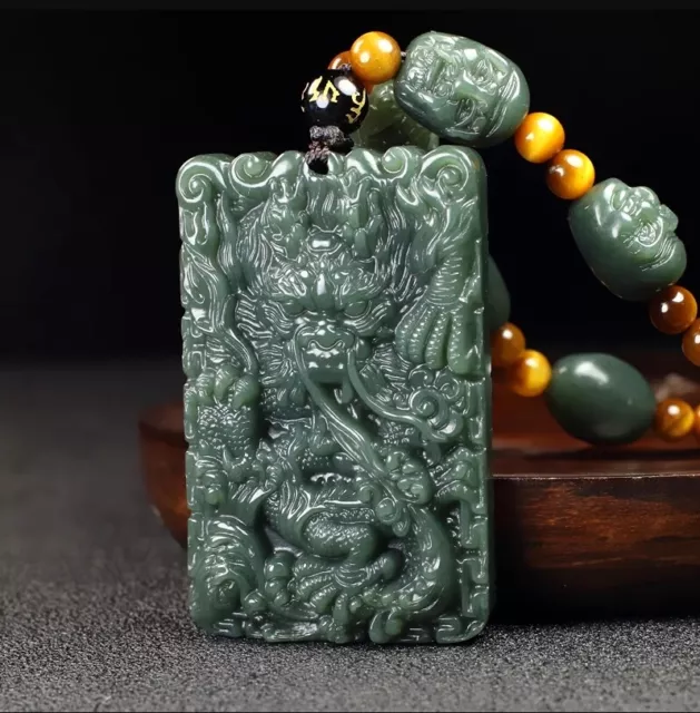 100% Chinses Hetian Jade Hand-carved Chinese Dragon Necklace Pendant Amulet 0396