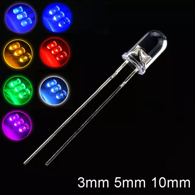 Clear Ultra Bright LED Diodes 3/5/10mm White Yellow Red Green Blue Pink Purple
