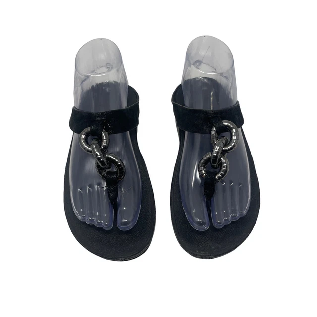 FitFlop Superchain Black Leather Thong Fit Flop Sandals Wedge Slip On Womens 5