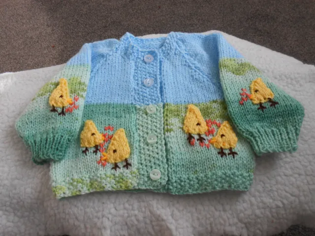 Hand knitted Cardigan  *Farm Chicks * baby girl- boy 0-3mths/reborn 19-22 New