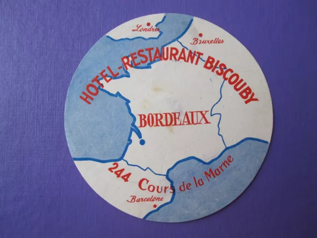 FRANCE BORDEAUX BISCOUBY Hotel Decal Luggage Label Sticker Aufkleber ...