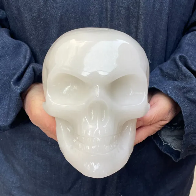 13.99LB TOP! Natural white jade quartz hand carved crystal skull reiki healing
