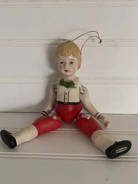Vintage Mini Porcelain Doll Ornament Boy Hand Painted Jointed 8” Made In Taiwan
