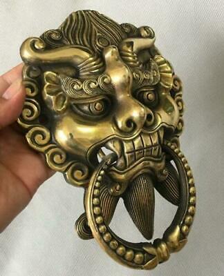 8" Folk China FengShui Brass Fu Foo Dog Guardion Lion Mask Statue Door Knocker