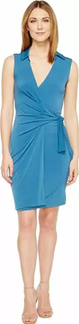 Christin Michaels Gracy Sleeveless Wrap Dress with Collar Blue SM