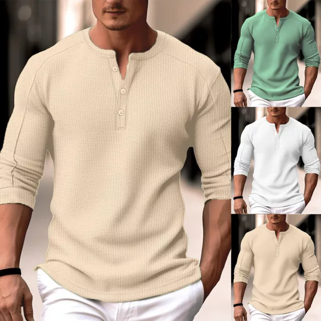 Herren Knopf Langarm T-Shirt Henley Shirt Freizeit Hemd Oberteile Casual Tops DE