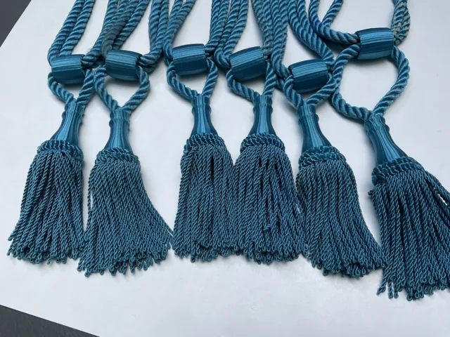 Three Pairs Of 24” Tiebacks Drapery Curtain Twisted Rope Tassel  Blue MCM