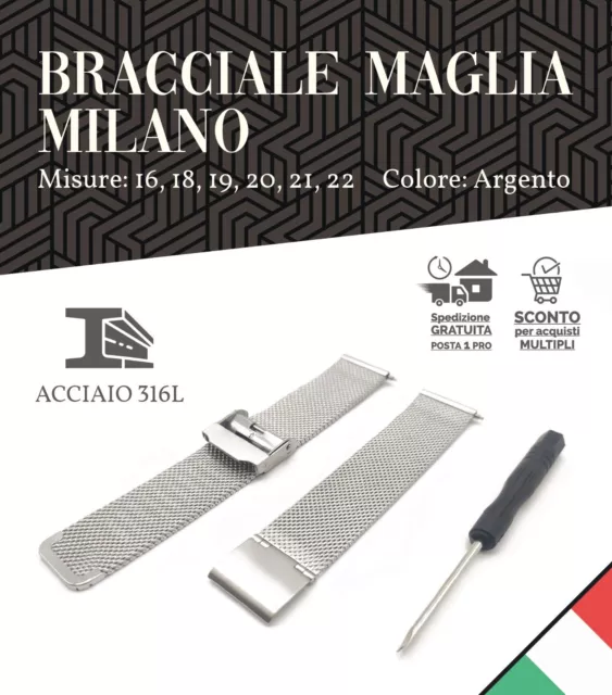 bracciale acciaio cinturino maglia milano 16 18 19 20 21 22 mm orologio vintage