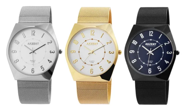 AKZENT EXCLUSIVE Armbanduhr Herren Damen Uhr weiß Mesharmband Gold Analog Quarz