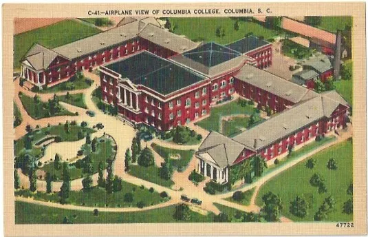 Columbia SC Columbia College Airplane View Vintage Postcard South Carolina Linen