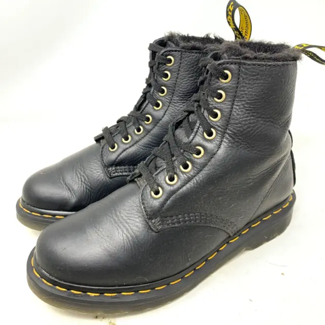 Dr Martens 1460 Serena Faux Fur Lined Black Leather Ankle Chunky Boots Uk 6.5