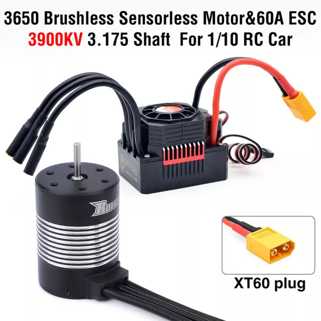 Rocket 3650 Brushless Sensorless Motor 3900KV with 60A ESC Combo for 1/10 RC Car