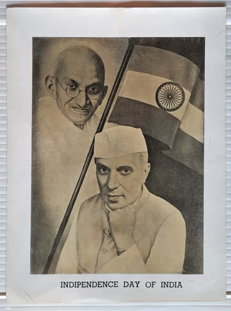 AOP India INDEPENCE GANDHI & NEHRU & FLAG 7.25" x 9.75" vintage poster