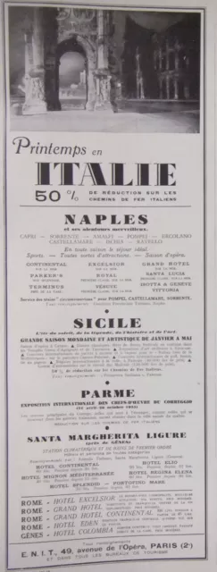 1935 Press Advertisement Spring In Italy Naples Sicile Parma - Advertising