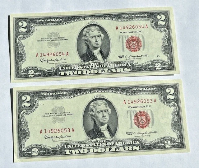 1963 $2 Two Dollar Bills Red Seal U S Note Consecutive Serial #s Crisp Clean
