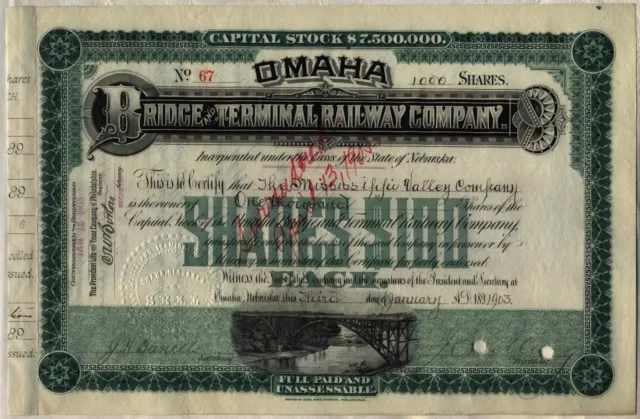 1903 Omaha Bridge & Terminal Railway Company Stock Certificate