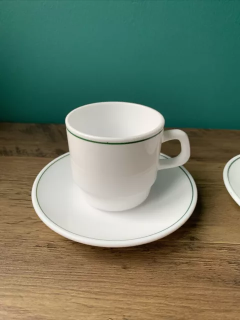 Vintage Arcopal Coffee Tea Cups Set 2 White Green Line French White Milk Glass 3