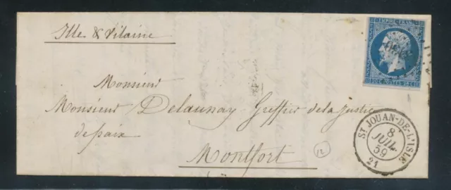 1859 Lettre N°14A, 20c. bleu Obl PC 3130 + CAD St Jouan-de-L' Isle TB. P773