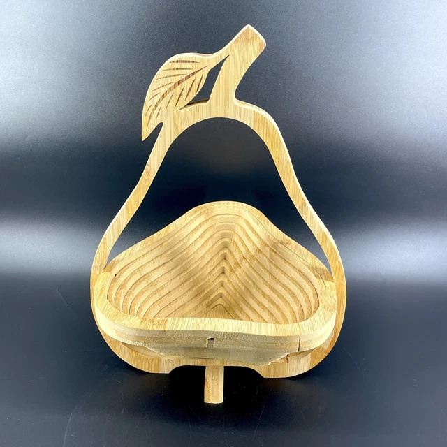 Carved Wooden Pear Shaped Collapsible Basket Fruit Bowl Wood Trivet Kitchen Deco