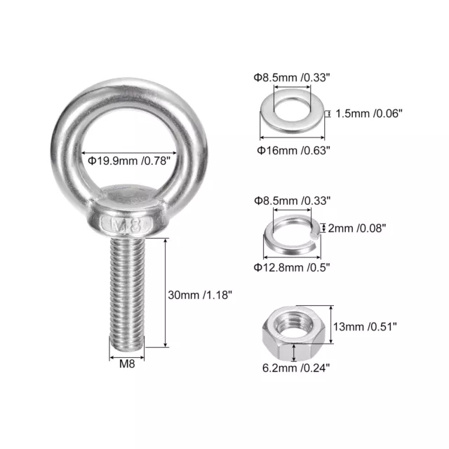 Juego de 2 pernos de ojal de elevación M8x30mm tornillo de ojal con tuerca linterna de acero inoxidable 2