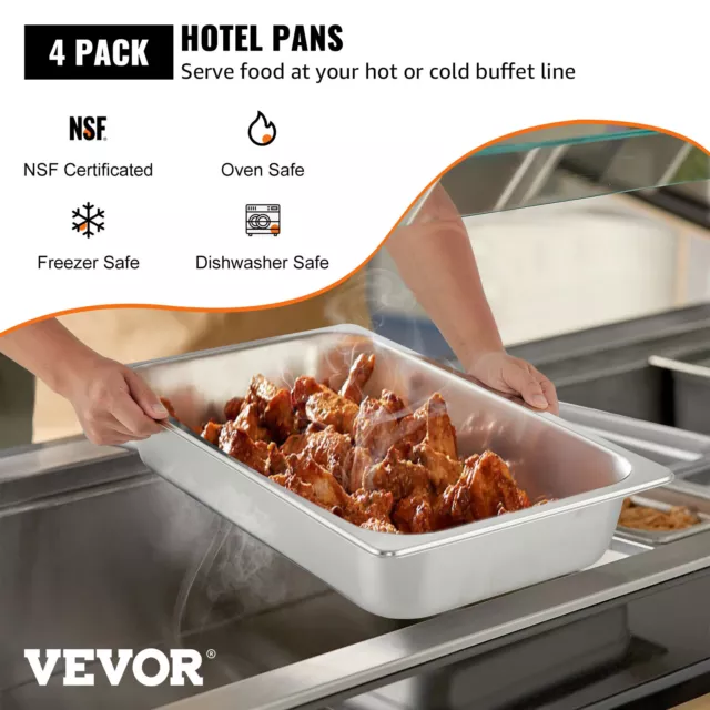 VEVOR 4 x Bain Marie Tray Steam Pan Gastronorm 1/1 100mm Deep Lid Stainless 2