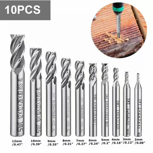 10Pcs 4 Slot Flute End Mill Cutter Drill Bit CNC Milling Tool HSS Straight Shank