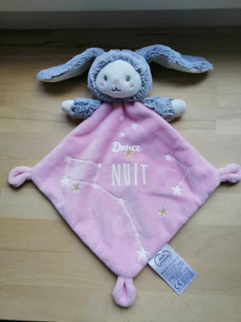 Doudou Plat  MOTS D'ENFANTS Ours Déguisé en Lapin Rose Blanc Gris Douce Nuit