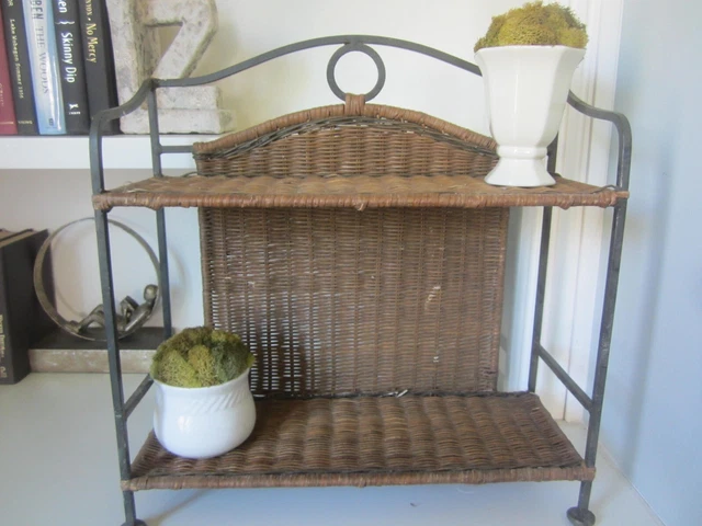 VTG Wrought Iron Woven Rattan/wicker 2 Tier Shelf Plant rack Hanging Table Top