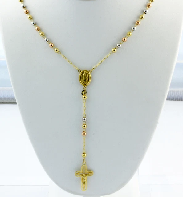 15.50 gm 14k Tri Color Gold Rosary Necklace Beads 3 mm 26" with Dangle 30" 15.50 gm 14k Tri Color Gold Rosary Necklace Beads 3 mm 26" with Dangle 30"