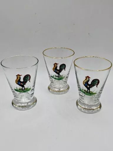 Trio of Hand Painted Cockerel Rooster Cocktail/Juice Glasses Gold Rim Signed