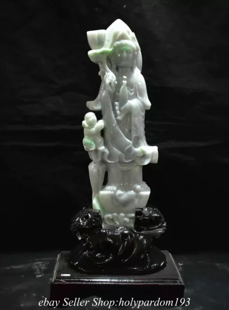 15.6" Chinese Natural Emerald Jade Jadeite Carved Guan yin Goddess Tongzi Statue