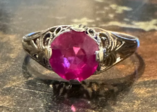 Art Deco Era 14K White Gold  And Lab-Created Ruby Ring Size 6.25