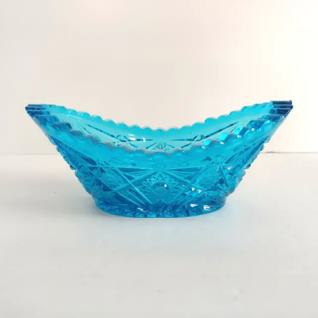 Vintage Aqua Blue Glass Bowl Oval Candy Dish Sawtooth Edge Cut Crystal