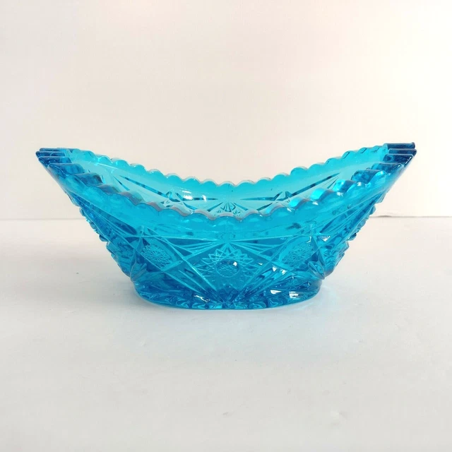 Vintage Aqua Blue Glass Bowl Oval Candy Dish Sawtooth Edge Cut Crystal