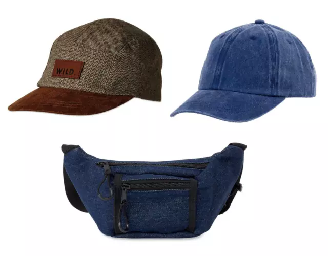 3PK Wonder Nation One-Size Adjustable Hats (Brown, Denim) + Denim Fanny Pack NWT