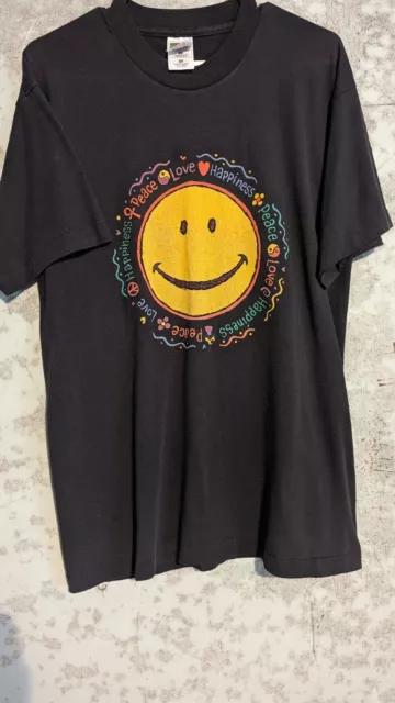 HAPPY 90's Peace Love Happiness Emoji Smiley Face Vintage Tee, Single Stitch LG