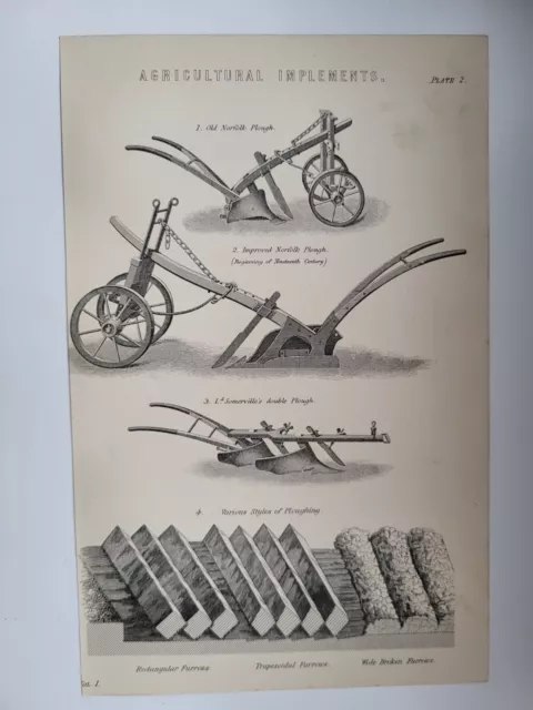 Antique Print Dated 1870 Agricultural Implements Engraving Various Ploughs