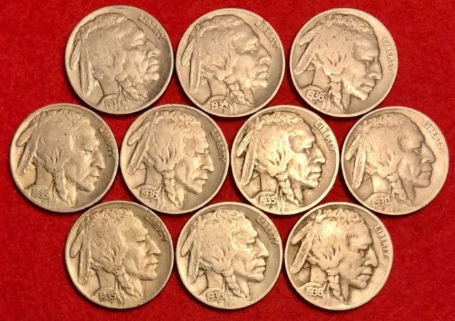 Buffalo Nickels Full Date 10 Per Lot - At Least 4 Different Years