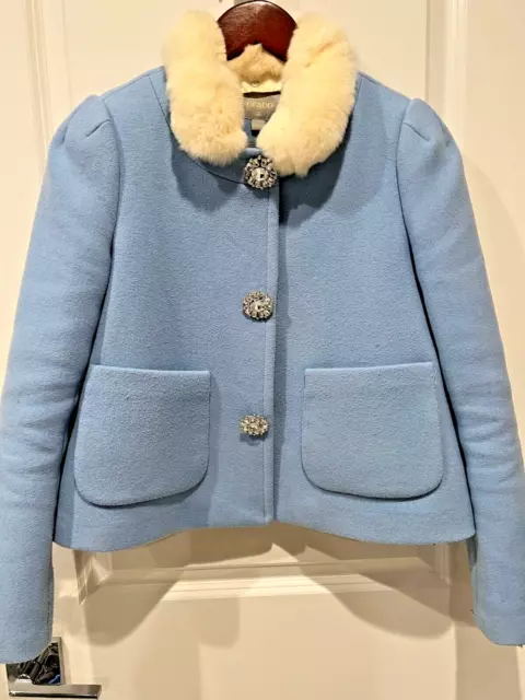 Women Wool Baby Blue Cropped Jacket with Removal Rabbit Fur Collar - Small 