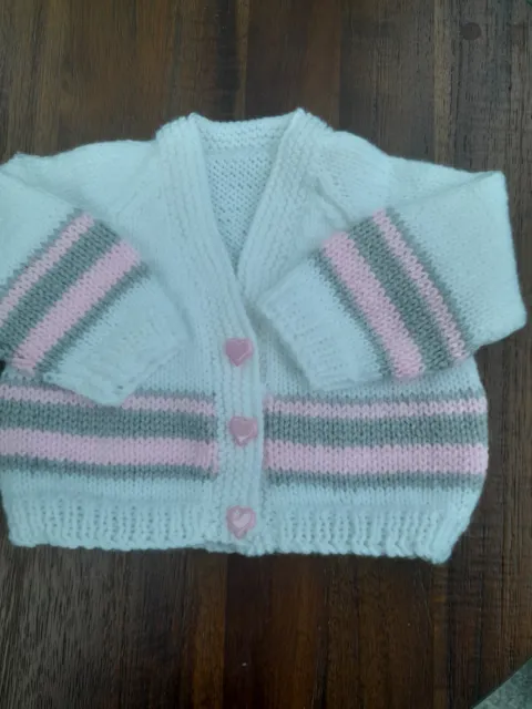brand new Pink/Grey  And White hand knitted baby cardigan 0-3 months