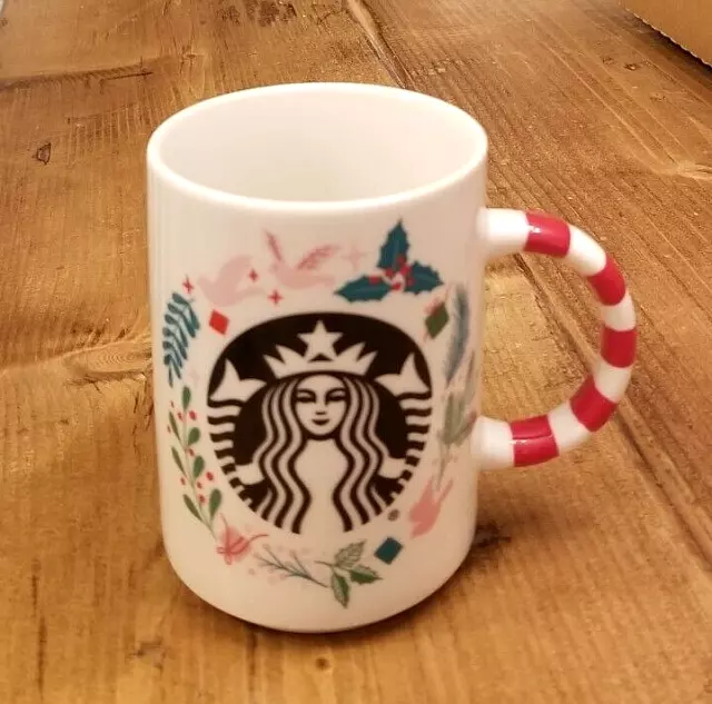 Starbucks Holiday Mug Cup Wreath Mistletoe Birds Candy Cane Christmas 12oz.