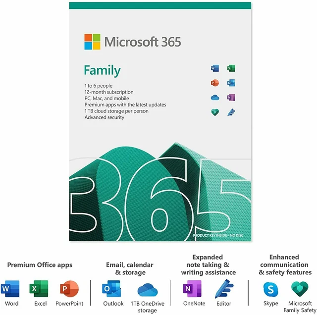 MICROSOFT OFFICE 365 Family Pack 6 User 1 Year PC Mac iOS Android ...