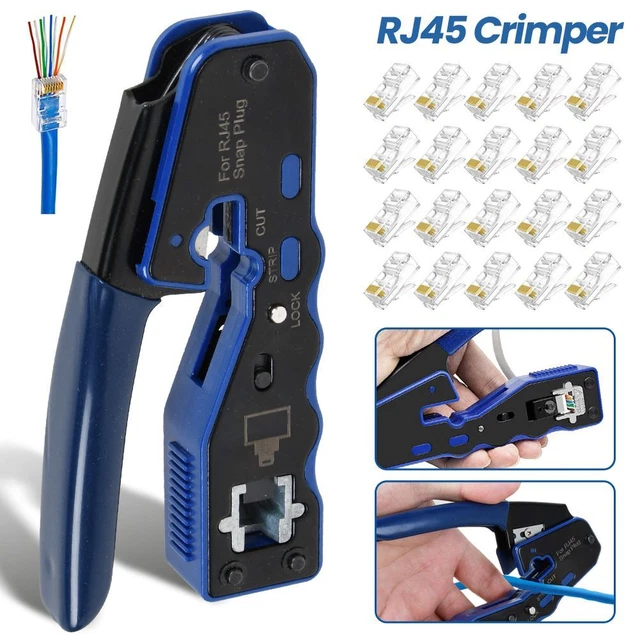 Easy Crimp RJ45 EZ PASS Through Crimping Tool Crimper with 20 Connectors LAN CAT 5 ...