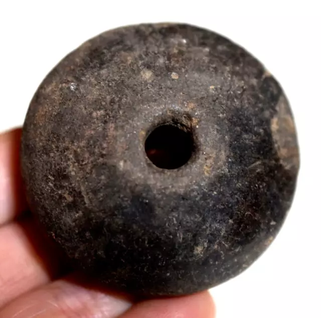 Ancient Excavated Blackish Clay Spindle Whorl Bead From Mali, African Trade