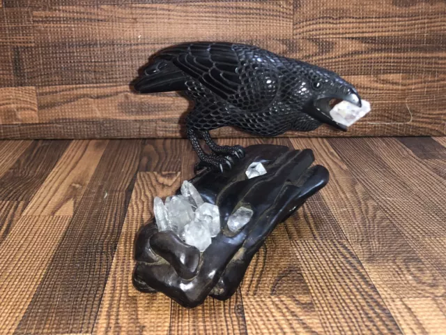 South Pacific Tribal Medicine Man Carved Jet & Crystal Raven Fetish / Effigy