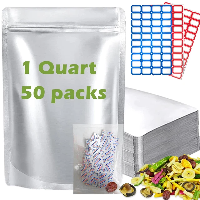 50Pack Mylar Bags With Oxygen Absorbers and Labers ,1 Quart 9.4 Mil 7"x10" Stand