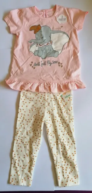 Girls Disney Dumbo Pink Dress/T-Shirt Cream Leggings Outfit  Age 18-24 Months