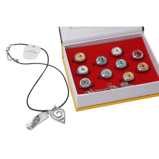 Naruto Akatsuki Rings Set 10pcs With Necklace And Chain Cosplay Itachi Sharingan