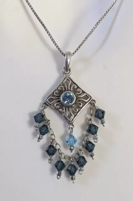 Vtg Blue Topaz Sterling Silver Filigree Fringe Pendant Necklace Art Deco Style