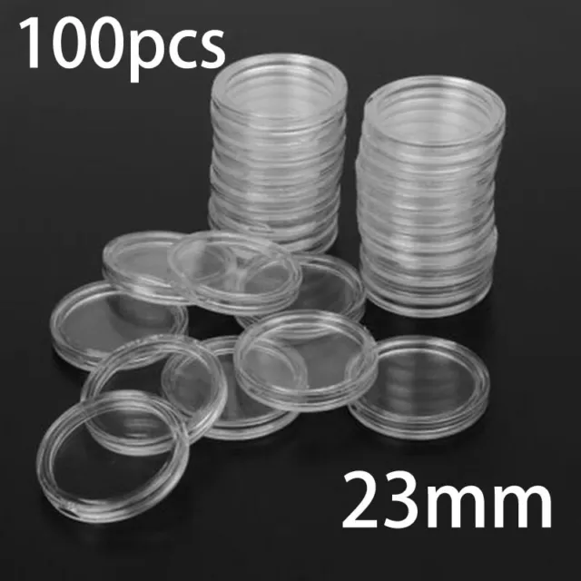 100Pcs 23mm Clear Round Plastic Coin Holders Capsules Container Storage Case Box
